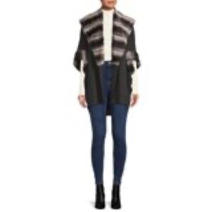 CARMEN MARC VALVO Open Front Faux Fur Short Sleeve Cardigan Sweater